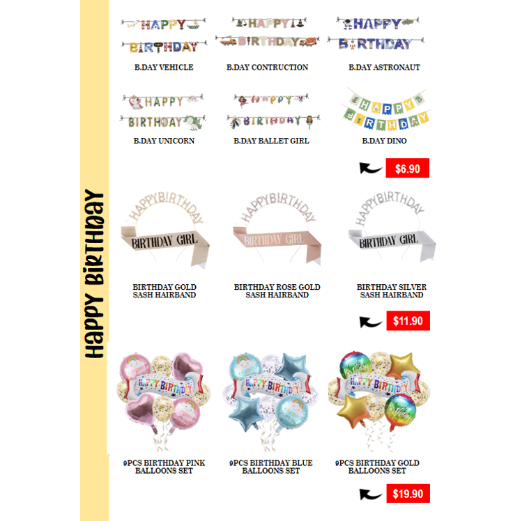An array of colorful birthday party decorations, including banners, sashes, and balloon sets, with prices displayed.