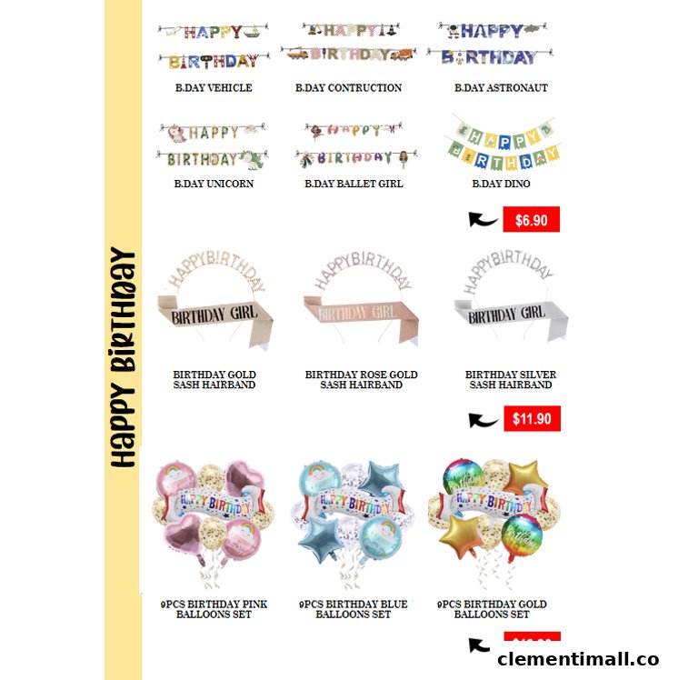 An array of colorful birthday party decorations, including banners, sashes, and balloon sets, with prices displayed.