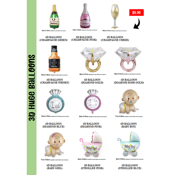 A catalog displaying various 3D foil balloons for celebrations, including champagne bottles, diamonds, and baby-themed designs.
