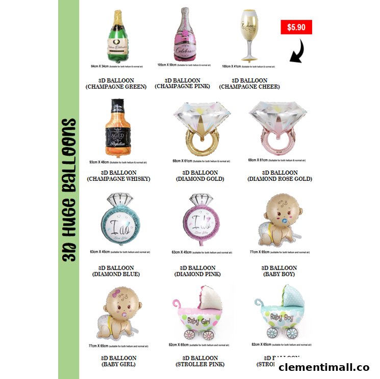 A catalog displaying various 3D foil balloons for celebrations, including champagne bottles, diamonds, and baby-themed designs.