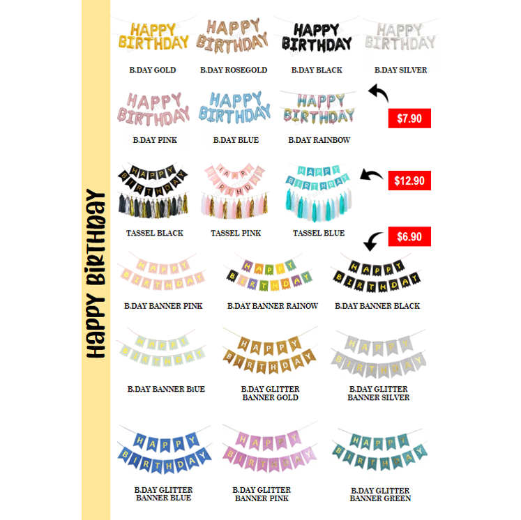 A product catalog displaying various 'Happy Birthday' banners and tassel garlands with prices.