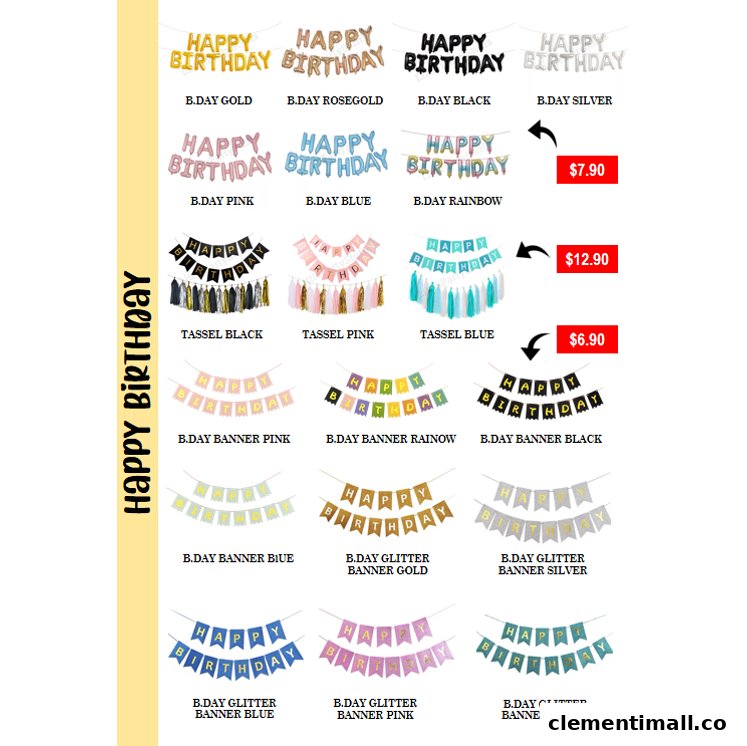 A product catalog displaying various 'Happy Birthday' banners and tassel garlands with prices.