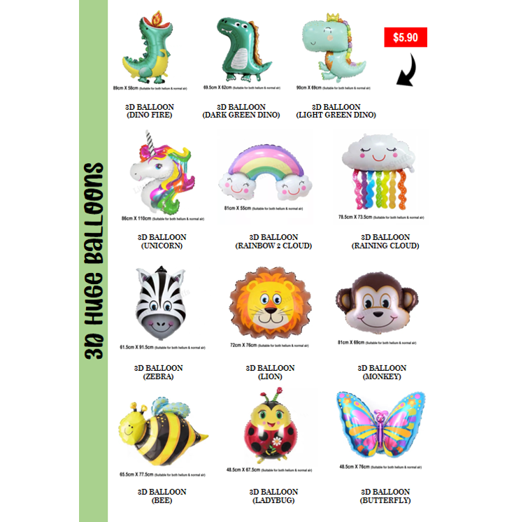 A catalog displaying various 3D foil balloons, including dinosaurs, unicorns, and animals, with dimensions and one price.
