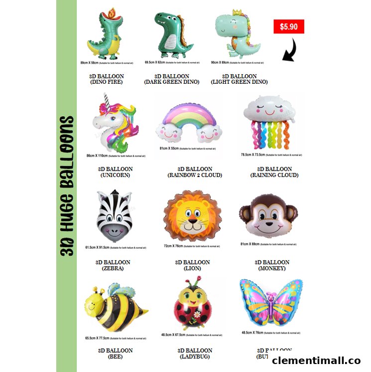 A catalog displaying various 3D foil balloons, including dinosaurs, unicorns, and animals, with dimensions and one price.