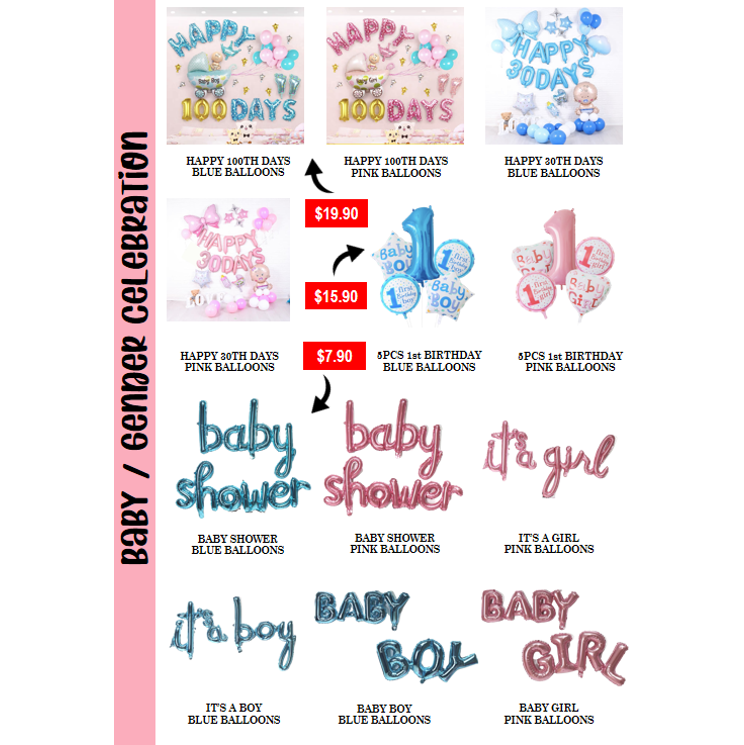 A catalog displaying various baby and gender celebration balloons with some prices.
