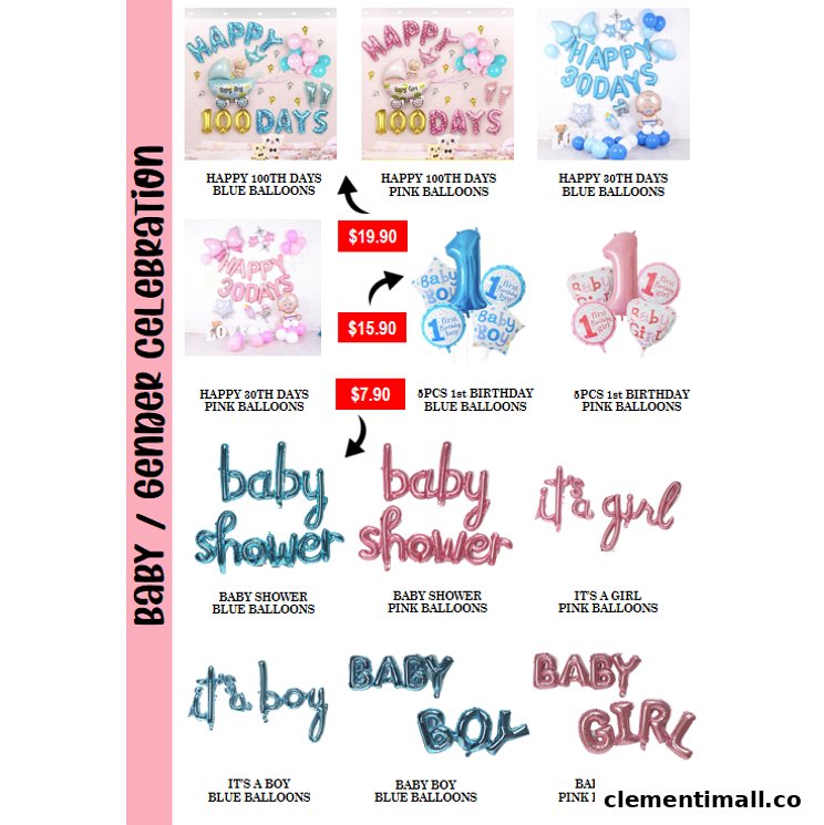 A catalog displaying various baby and gender celebration balloons with some prices.