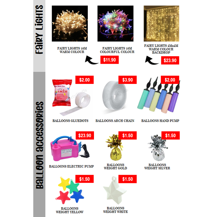 A product catalog displaying various fairy lights and balloon accessories with their prices.