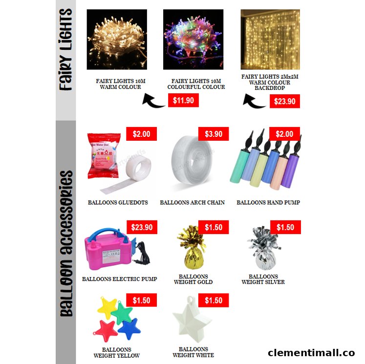 A product catalog displaying various fairy lights and balloon accessories with their prices.
