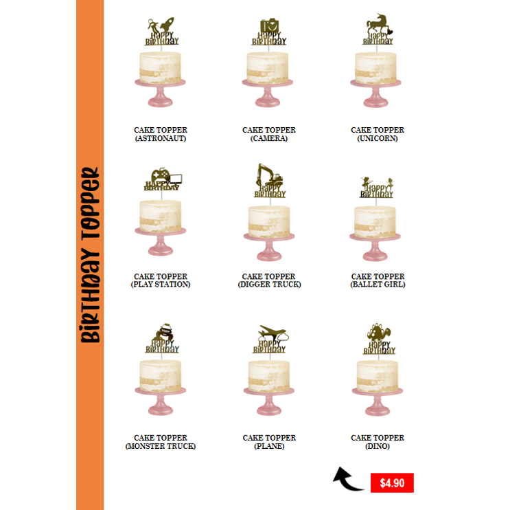 A catalog displaying various 'Happy Birthday' cake toppers with different designs.