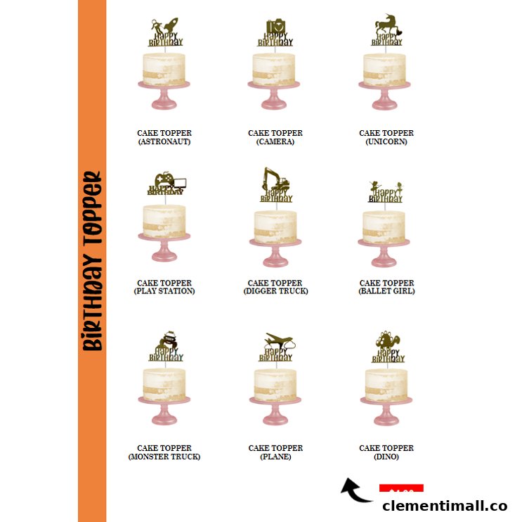 A catalog displaying various 'Happy Birthday' cake toppers with different designs.