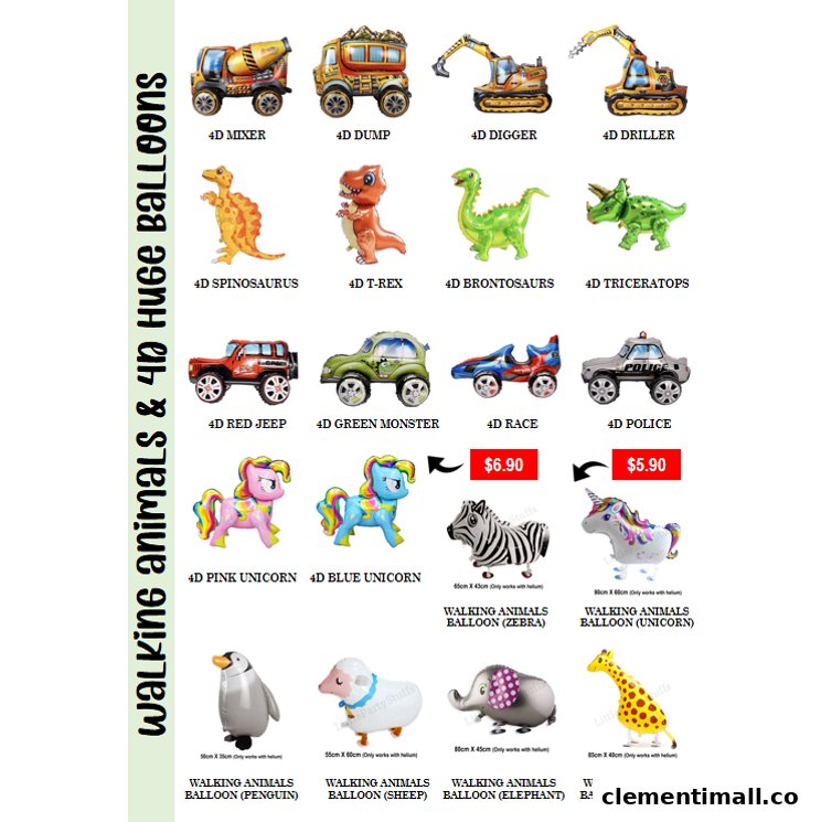 A vibrant catalog showcasing a variety of 4D and walking animal balloons for parties and events.
