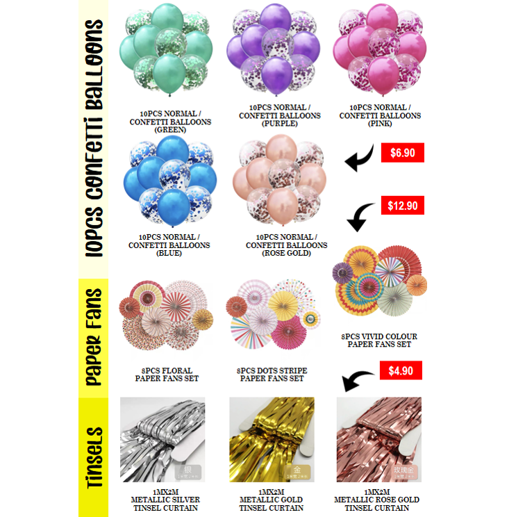 A product catalog displaying various party supplies including confetti balloons, paper fans, and tinsel curtains.
