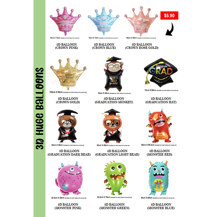 A catalog page showcasing various 3D foil balloons, including crowns, graduation themes, and monsters.