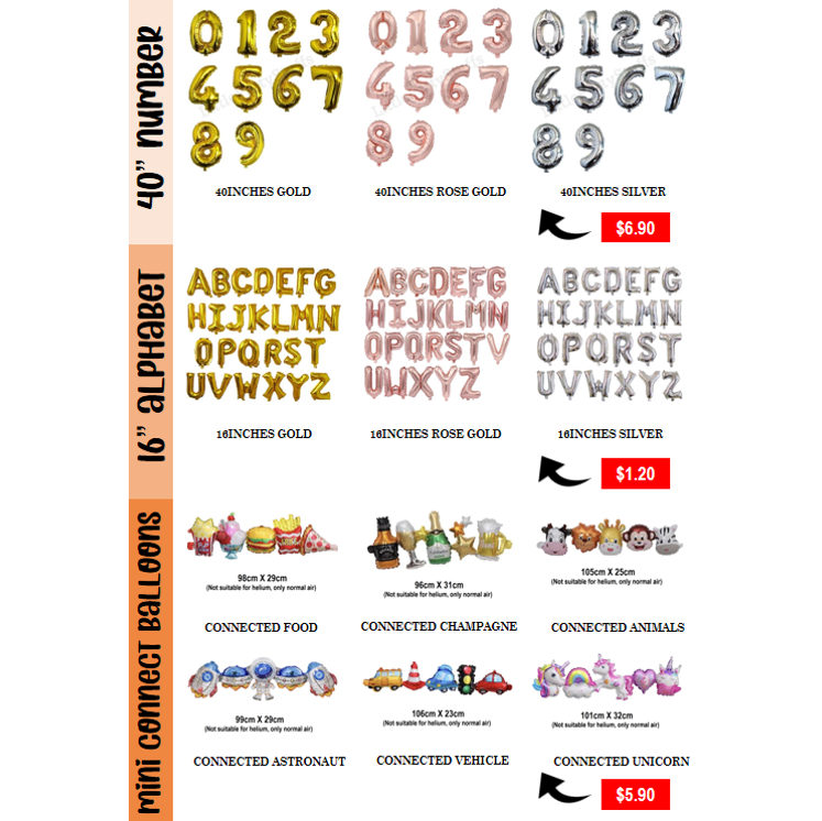 A catalog displaying various party balloons, including numbers, alphabets, and themed mini-connect balloons with prices.