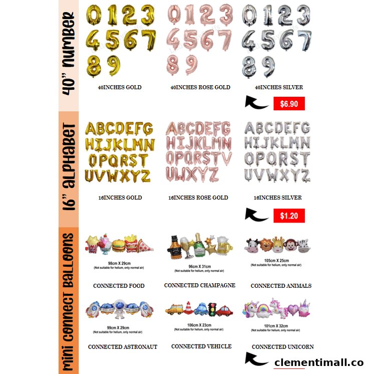 A catalog displaying various party balloons, including numbers, alphabets, and themed mini-connect balloons with prices.
