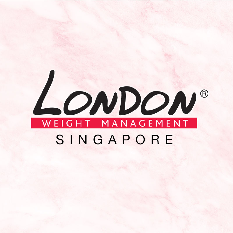The official logo for London Weight Management Singapore on a pink marble background.