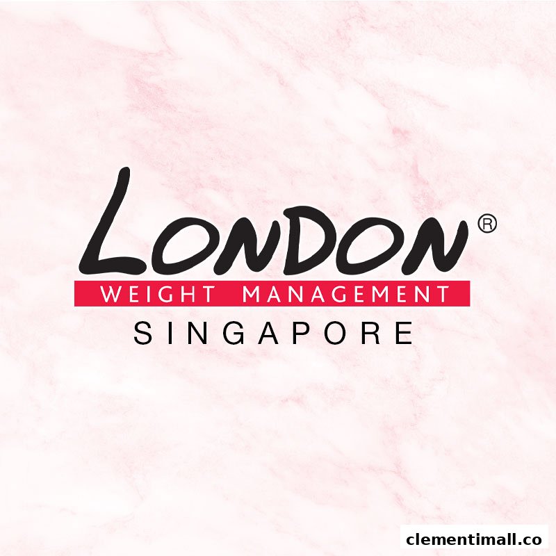 The official logo for London Weight Management Singapore on a pink marble background.