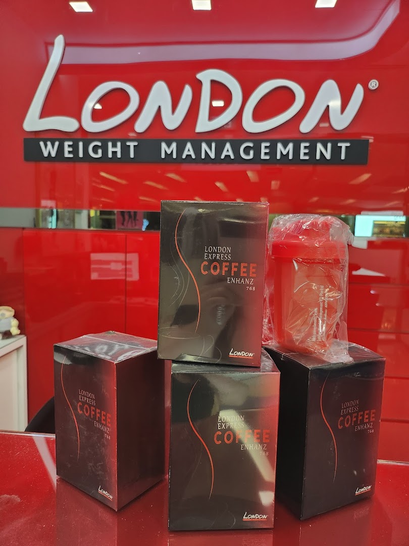 Products from London Weight Management, including 'London Express Coffee Enhanz', displayed on a red counter.