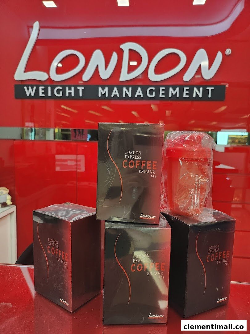 Products from London Weight Management, including 'London Express Coffee Enhanz', displayed on a red counter.