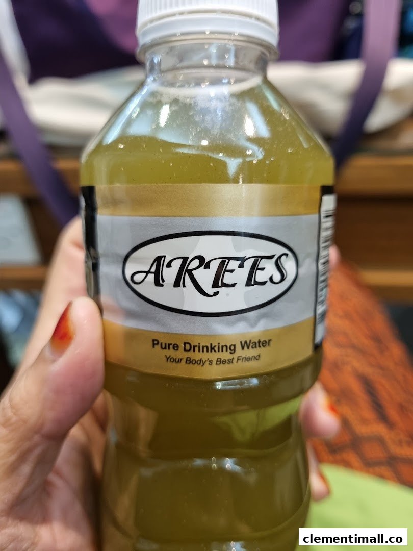 Close-up of a hand holding a bottle of ARTES Pure Drinking Water.