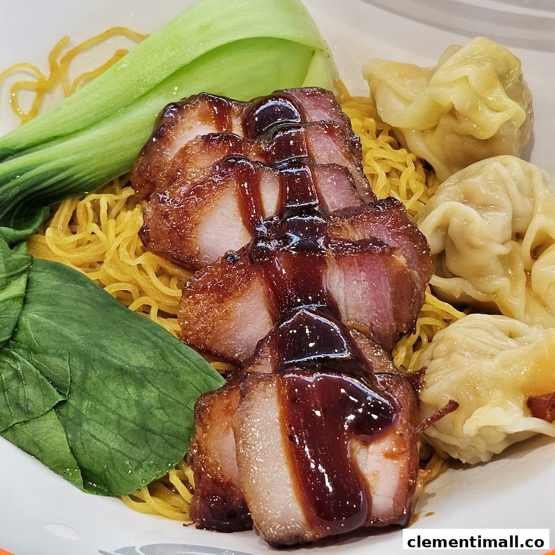 A close-up of char siu pork, noodles, bok choy, and wontons in a bowl.