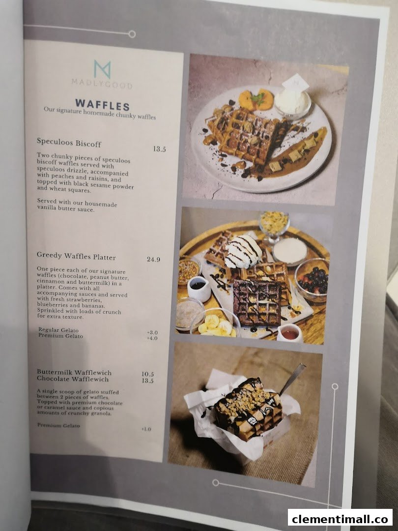 A detailed menu showcasing MADLYGOOD's signature waffles and wafflewiches with prices and descriptions.
