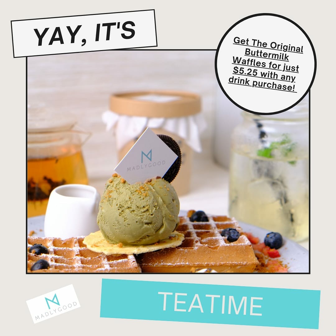 Delicious waffles with green tea ice cream, berries, and tea, promoting a special offer.