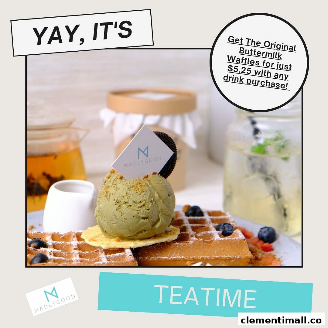Delicious waffles with green tea ice cream, berries, and tea, promoting a special offer.