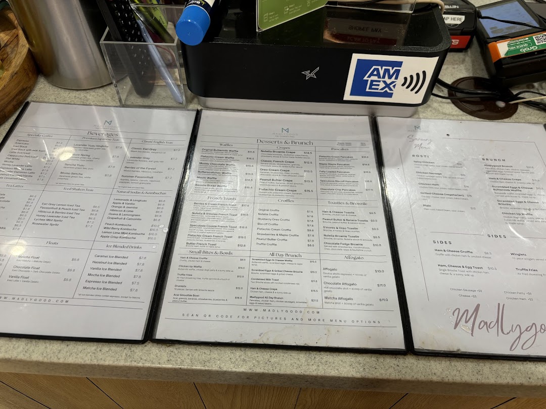 Multiple menus from MADLYGOOD displaying beverages, desserts, brunch, and savory items.