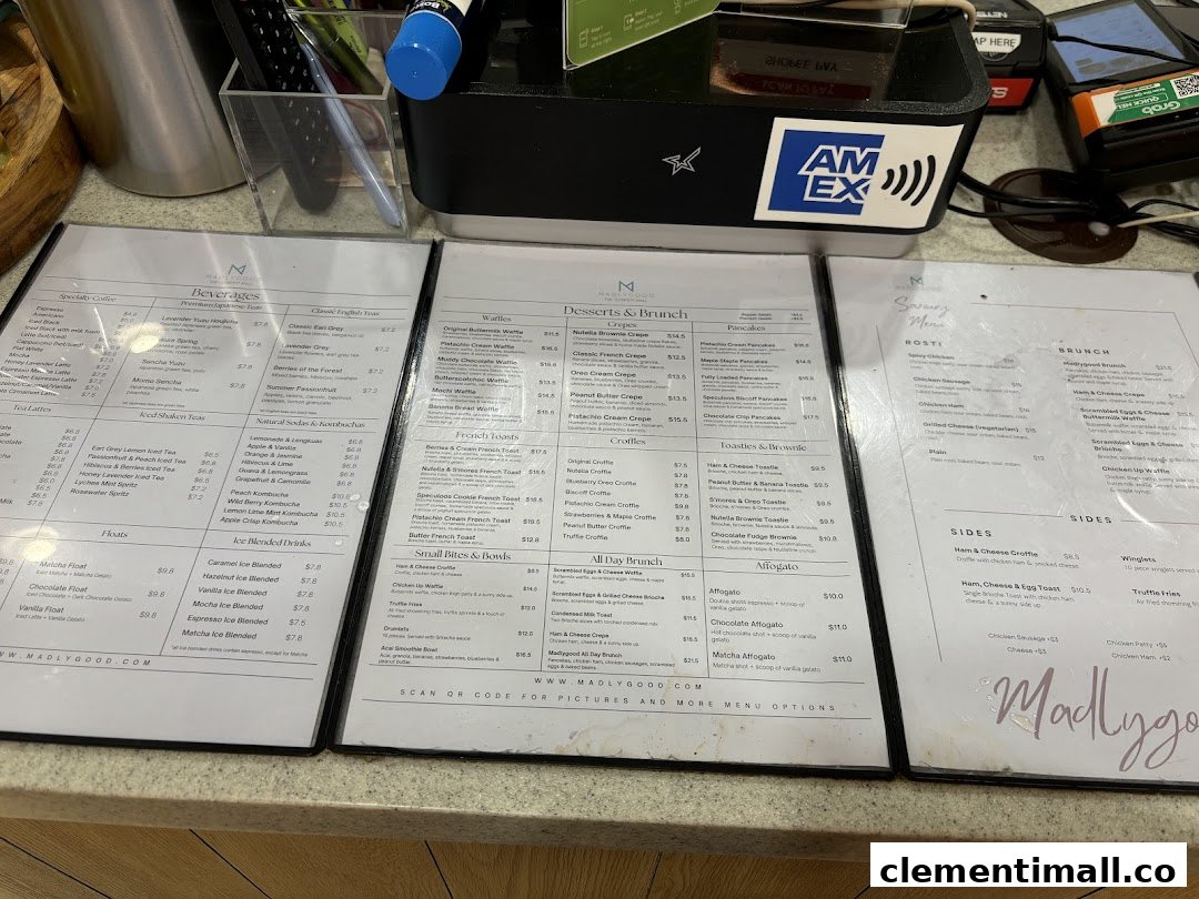 Multiple menus from MADLYGOOD displaying beverages, desserts, brunch, and savory items.