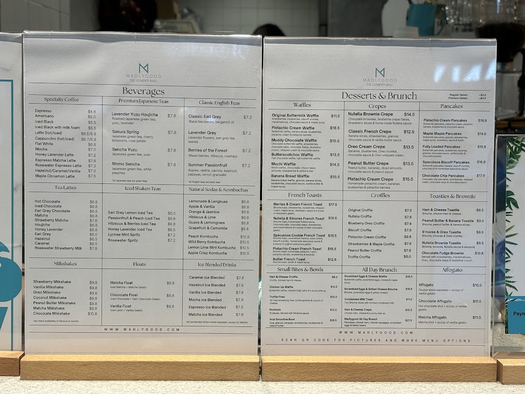 A comprehensive menu from MADLYGOOD, featuring beverages, desserts, and brunch items.