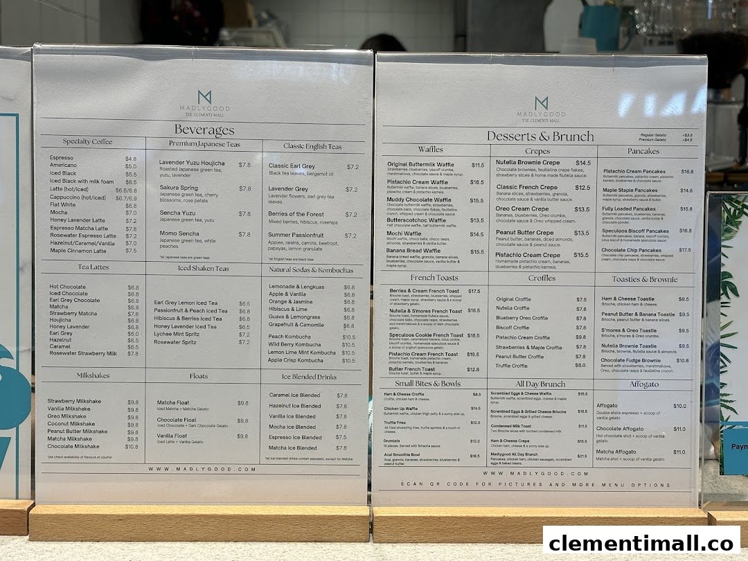 A comprehensive menu from MADLYGOOD, featuring beverages, desserts, and brunch items.