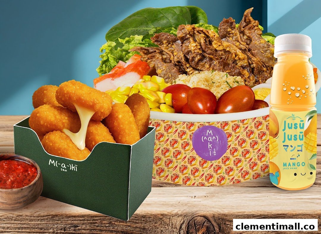 A vibrant spread of Maki-San's customizable bowl, cheesy bites, and a refreshing mango juice.