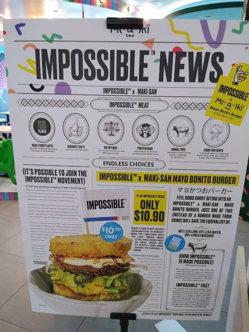 A promotional poster for Maki-San's Impossible Mayo Bonito Burger, highlighting its plant-based benefits and price.