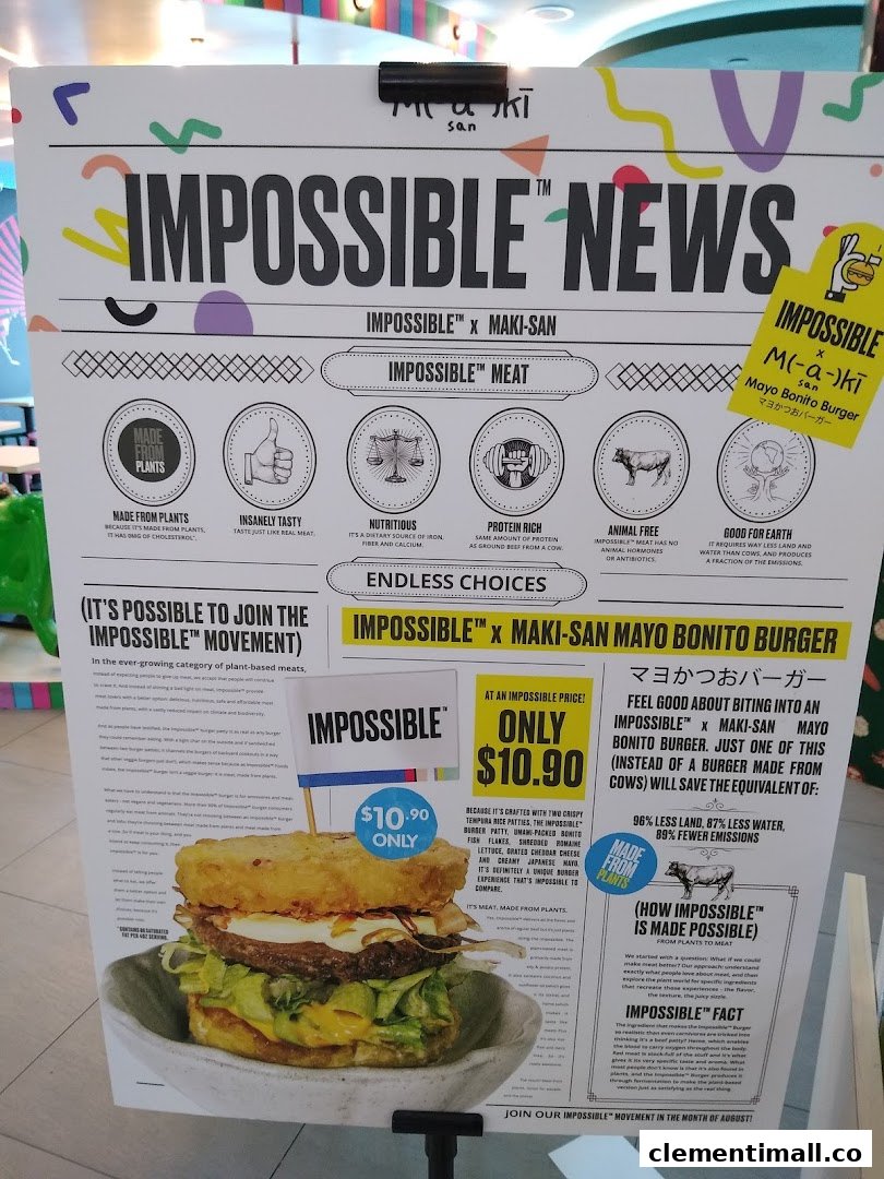 A promotional poster for Maki-San's Impossible Mayo Bonito Burger, highlighting its plant-based benefits and price.