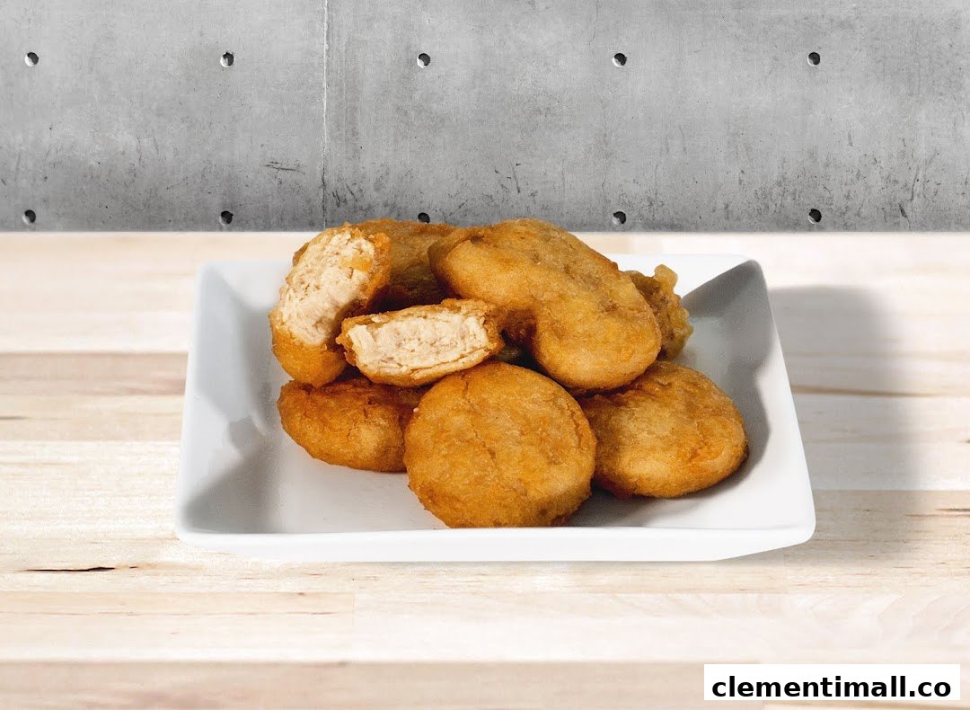 A white plate filled with golden-brown fried nuggets, one broken open to show the tender interior.
