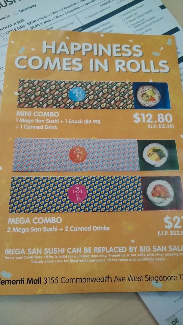 A close-up of Maki-San's menu board featuring sushi combo deals and pricing.