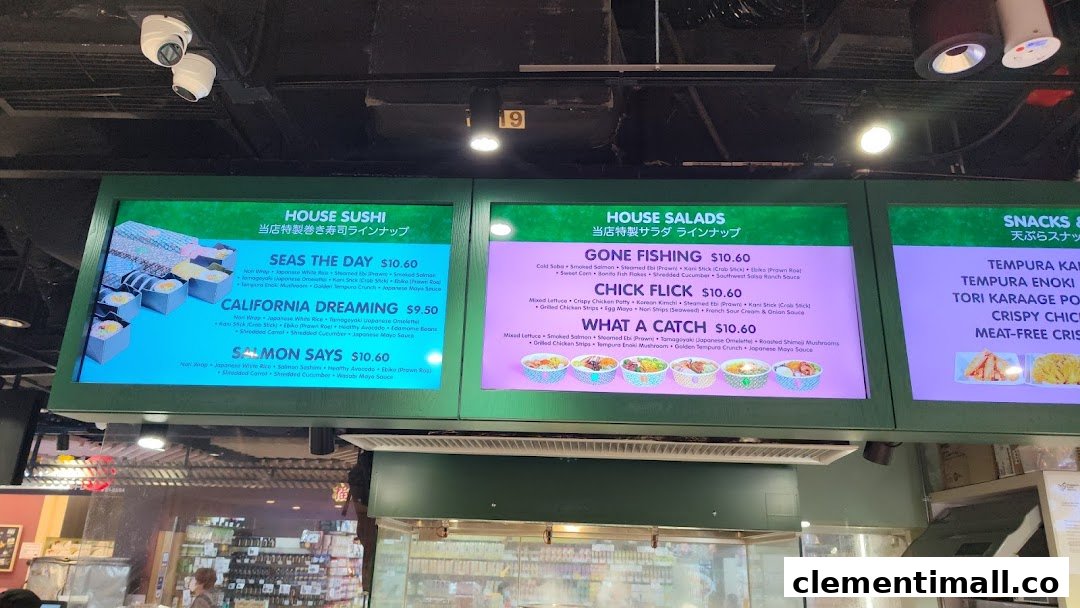 Digital menu boards displaying sushi, salads, and snacks with prices and ingredients at Maki-San.