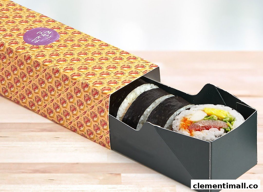 Assorted sushi rolls presented in a vibrant Maki-San takeaway box.