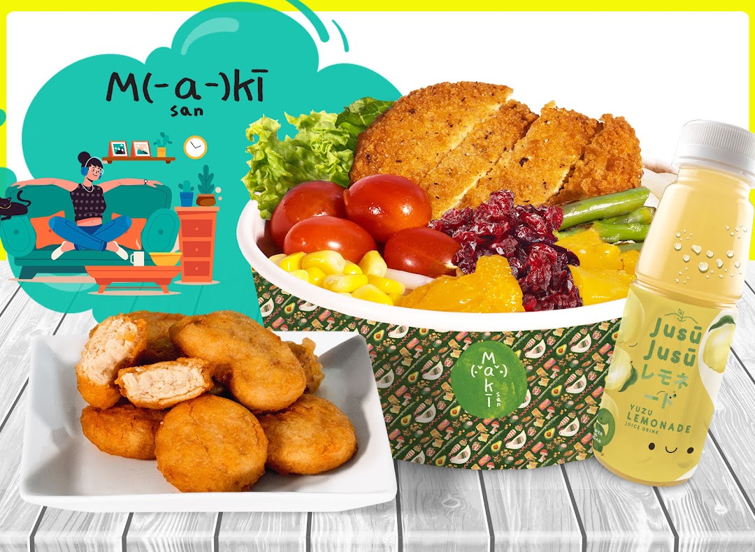 A vibrant image showcasing Maki-San's fresh salad bowl, crispy nuggets, and refreshing Yuzu Lemonade.