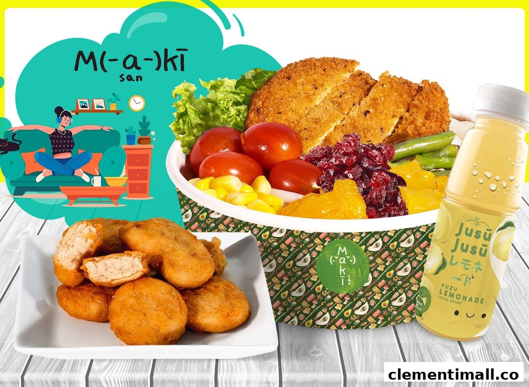 A vibrant image showcasing Maki-San's fresh salad bowl, crispy nuggets, and refreshing Yuzu Lemonade.