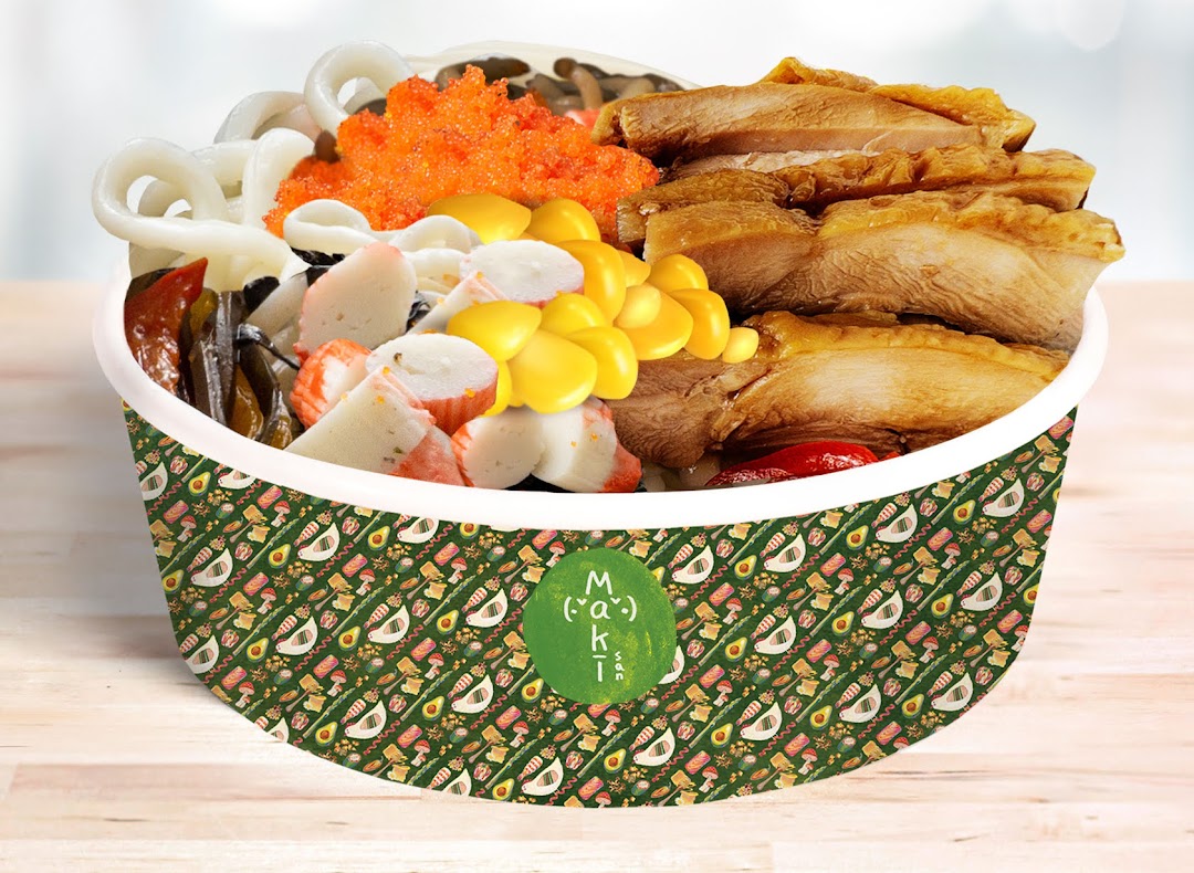 A vibrant, customizable bowl from Maki-San, featuring chicken, seafood, roe, and corn.