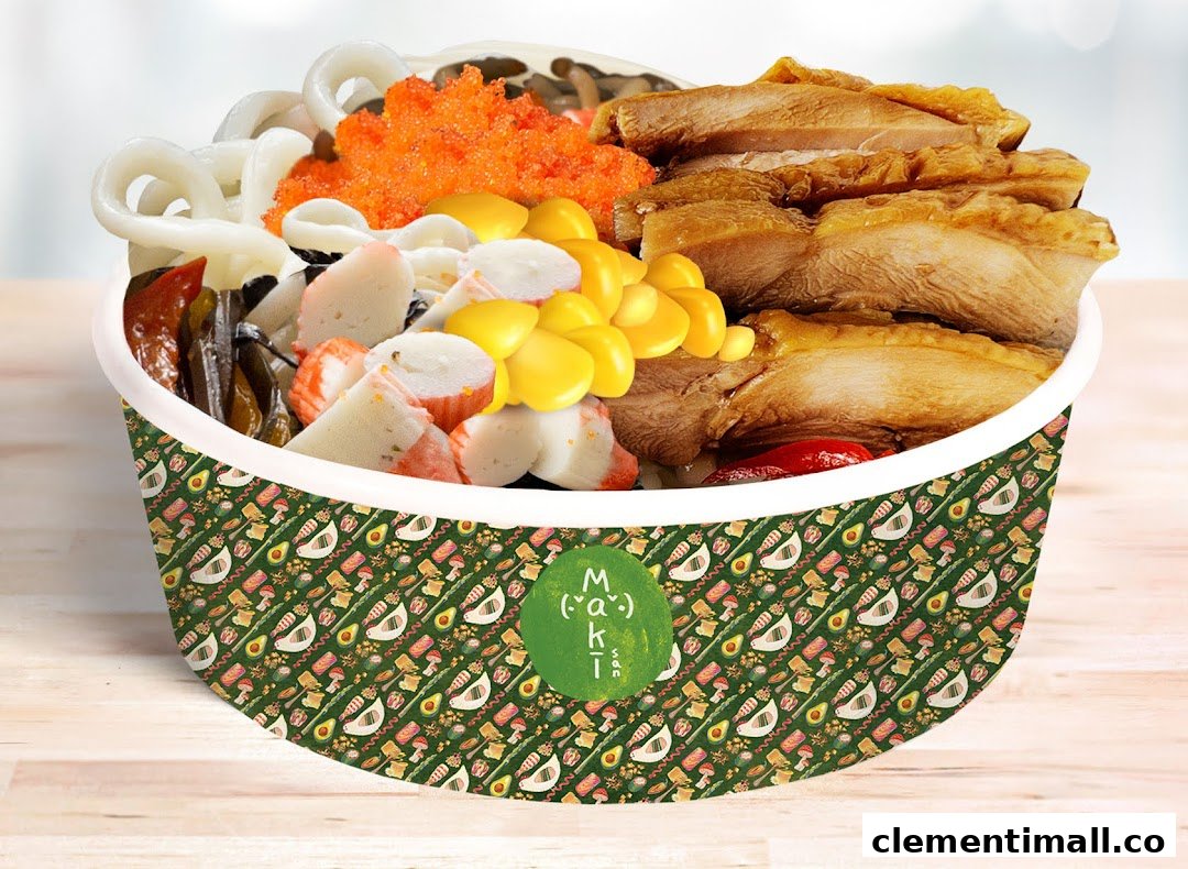 A vibrant, customizable bowl from Maki-San, featuring chicken, seafood, roe, and corn.