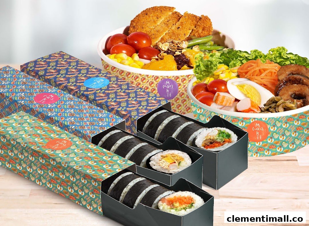 Assortment of Maki-San's customizable sushi rolls in colorful boxes and fresh salad/rice bowls.