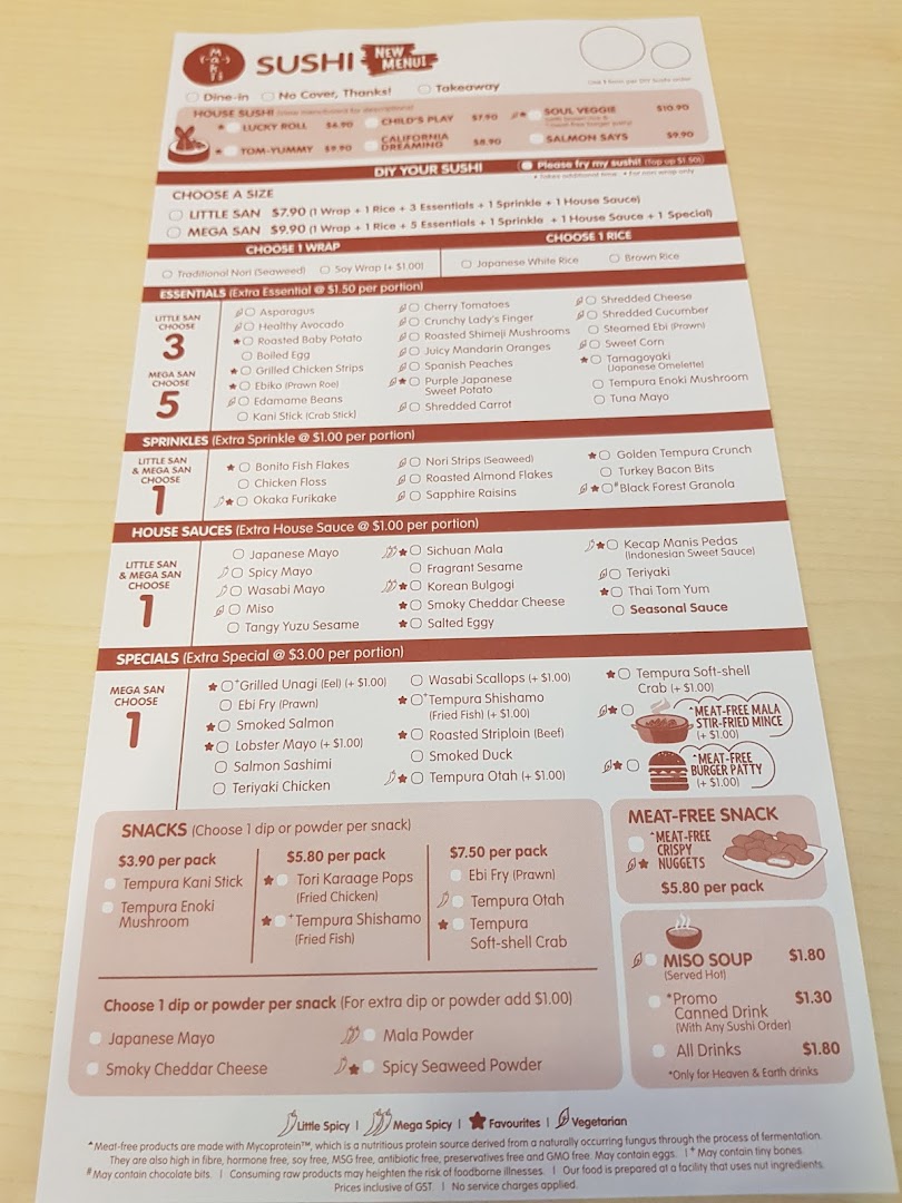 A detailed menu for Maki-San, featuring DIY sushi options, snacks, and drinks.