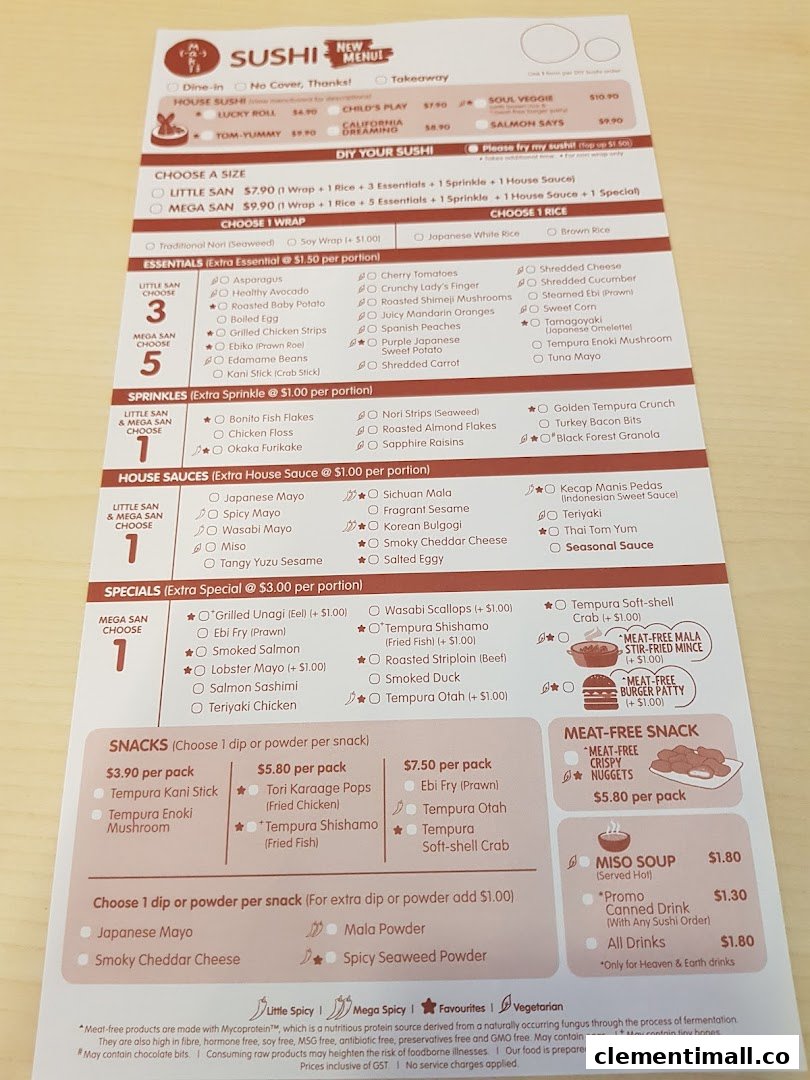 A detailed menu for Maki-San, featuring DIY sushi options, snacks, and drinks.