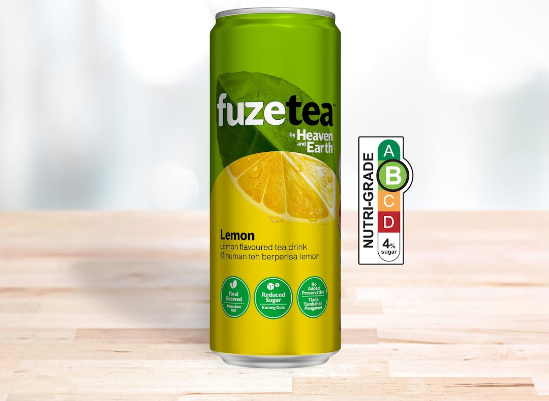 A can of Fuze Tea Lemon flavoured drink with Nutri-Grade B label.