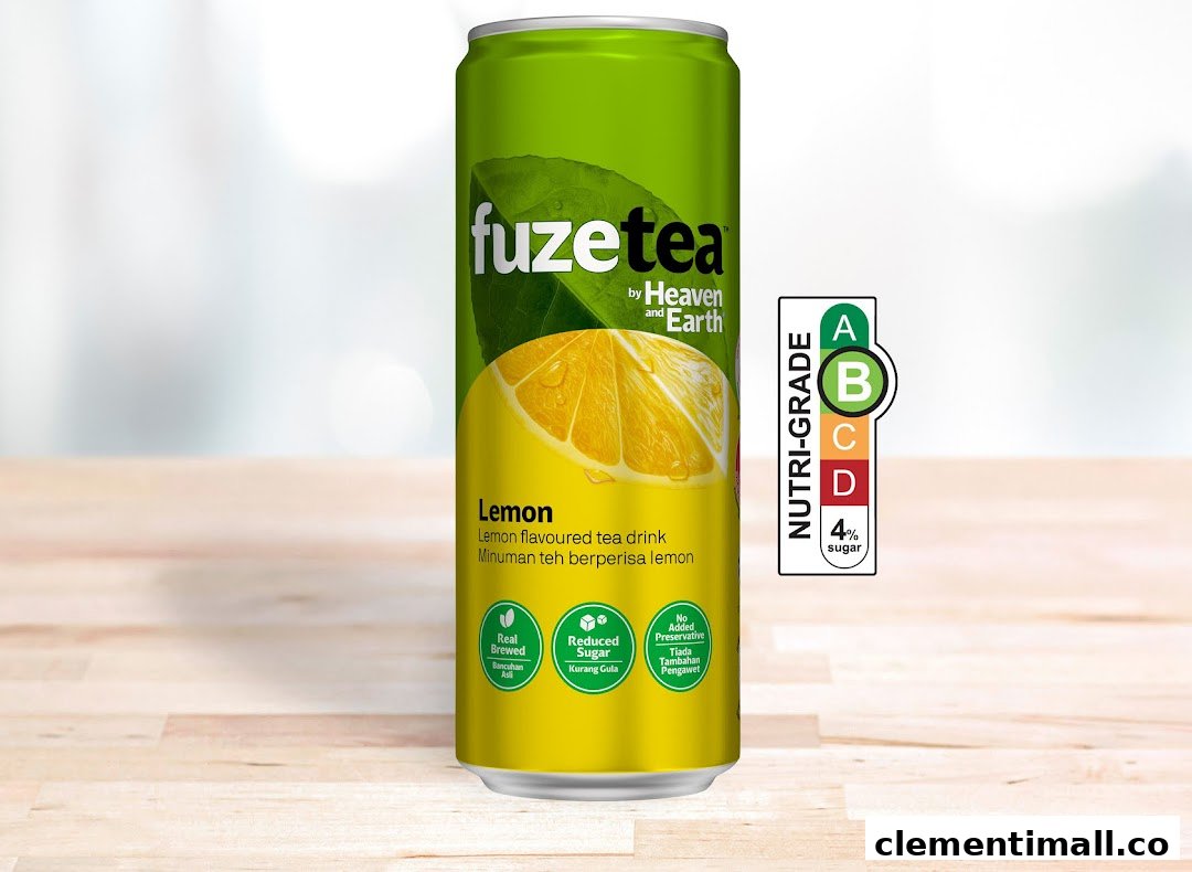 A can of Fuze Tea Lemon flavoured drink with Nutri-Grade B label.