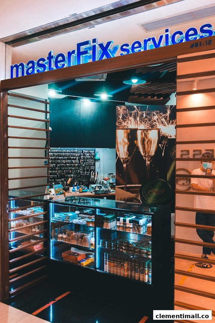 The storefront of MasterFix services, featuring a display counter and key duplication area.