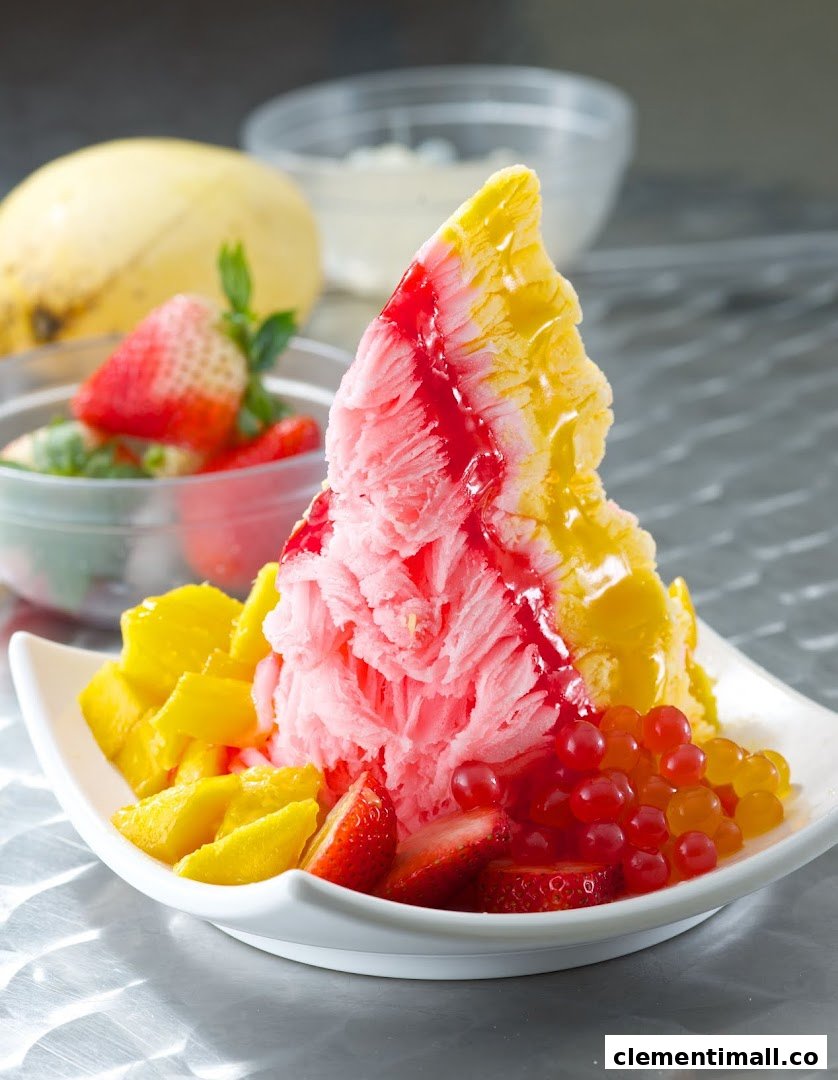A vibrant shaved ice dessert with mango, strawberries, and popping boba, drizzled with syrup.